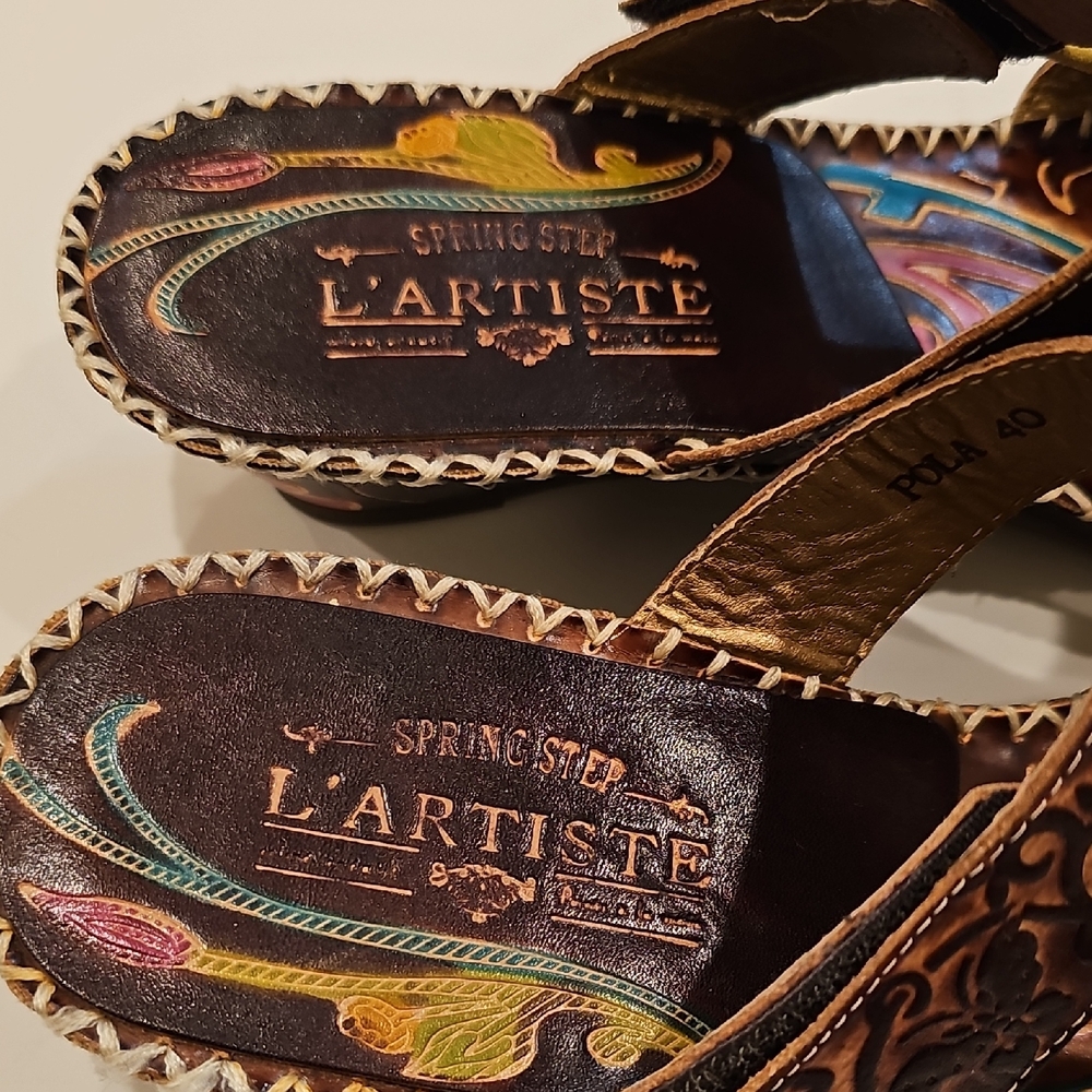 L'ARTISTE POLA Floral WEDGE Appliqué Sandals - Brown, Teal, Red SIZE 40 - Picture 3 of 12